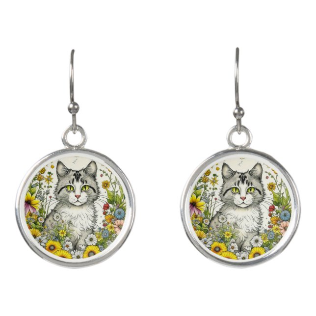 Kitty Cat Sitting in Flowers  Earrings (Front)