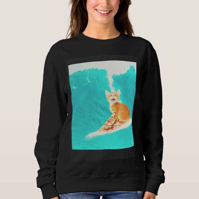 Kitty Cat Surfing Pizza Sweatshirt (Front)