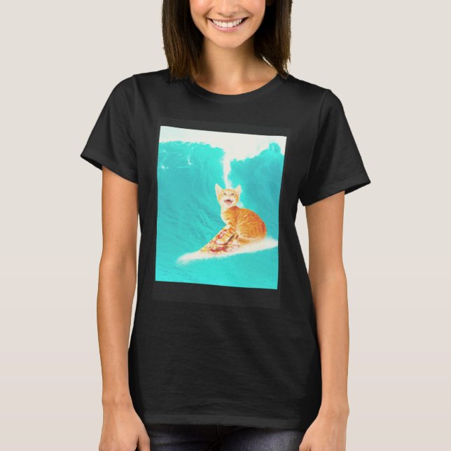 Kitty Cat Surfing Pizza T-Shirt (Front)