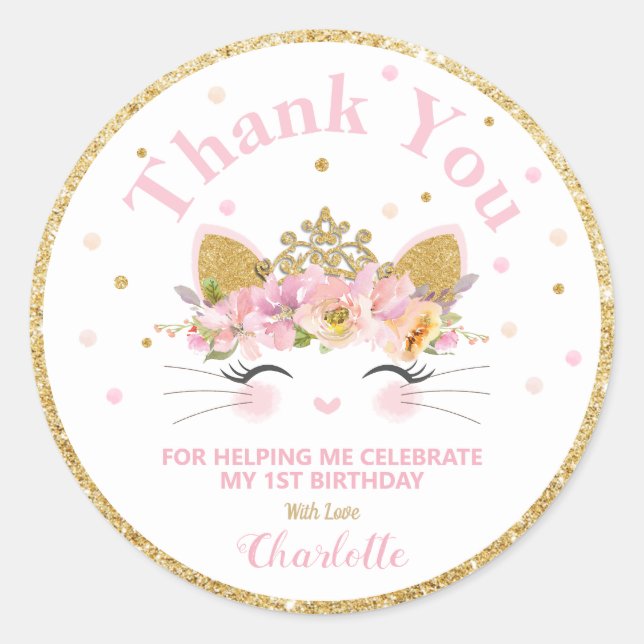 Kitty Cat Thank You Sticker Labels Birthday Favors (Front)
