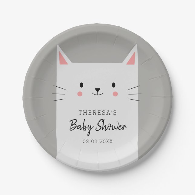 Kitty Cat Theme Baby Shower White Kitten Paper Plates (Front)