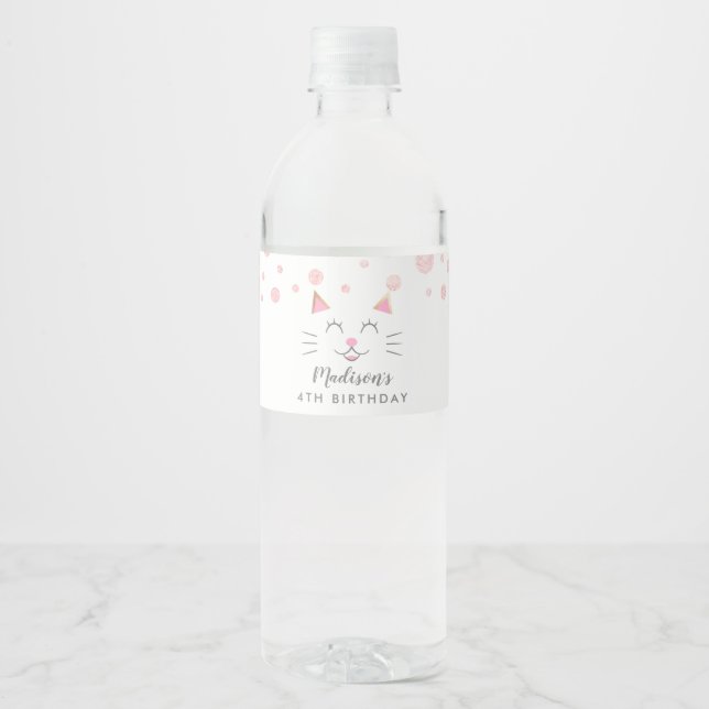 Kitty Cat Theme Birthday Pink Water Bottle Label (Front)