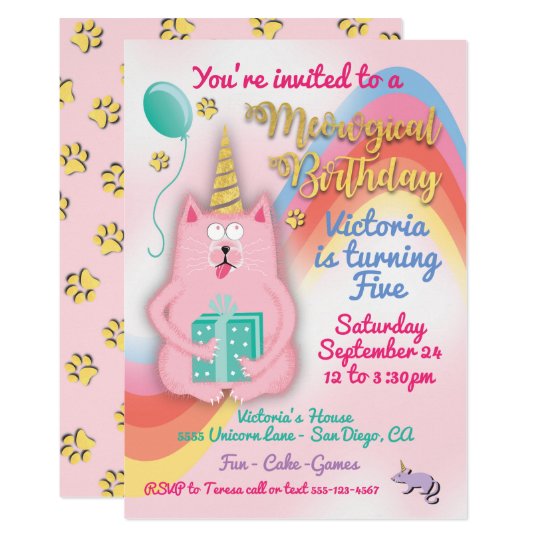 Kitty cat unicorn birthday party invitation | Zazzle.com
