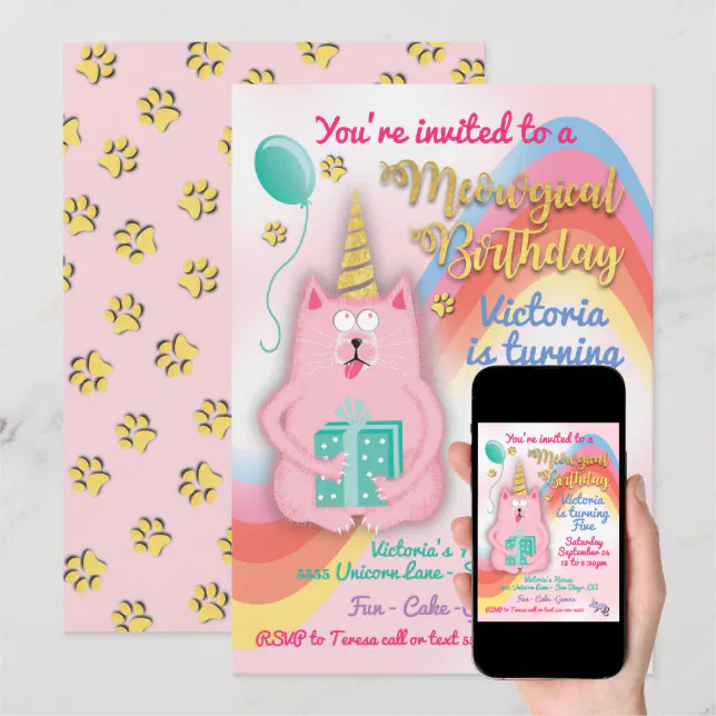 Kitty cat unicorn birthday party invitation | Zazzle