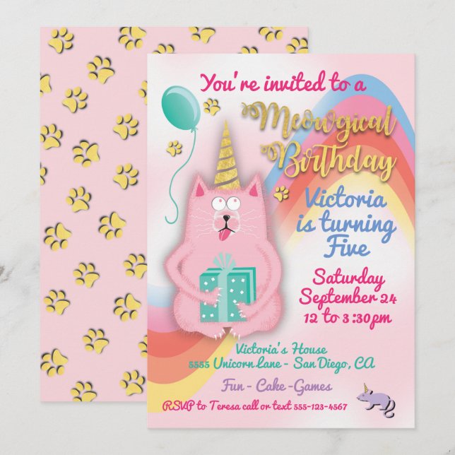 Kitty cat unicorn birthday party invitation (Front/Back)