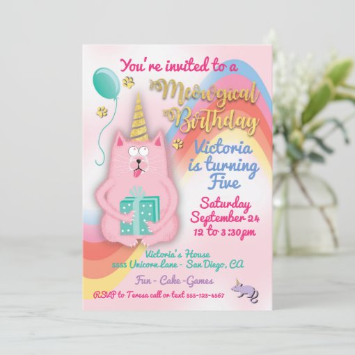Kitty cat unicorn birthday party invitation | Zazzle