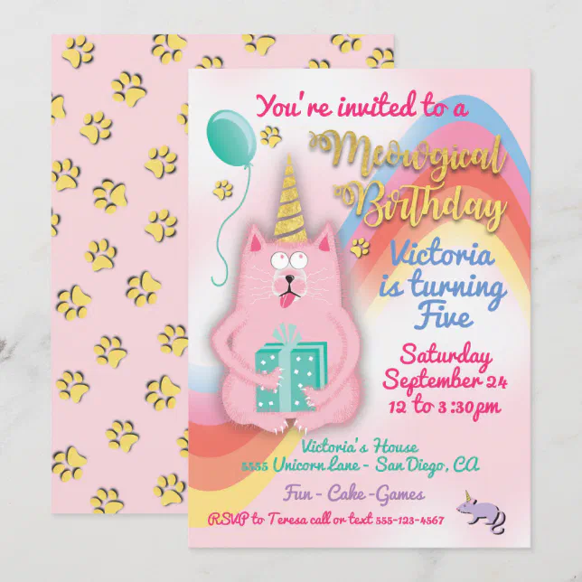Kitty cat unicorn birthday party invitation | Zazzle