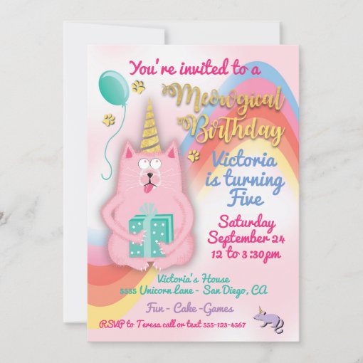 Kitty cat unicorn birthday party invitation | Zazzle