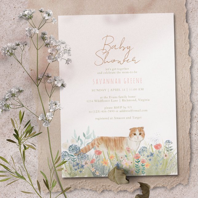 Kitty Cat Wildflowers | Neutral Spring Baby Shower Invitation (Creator Uploaded)