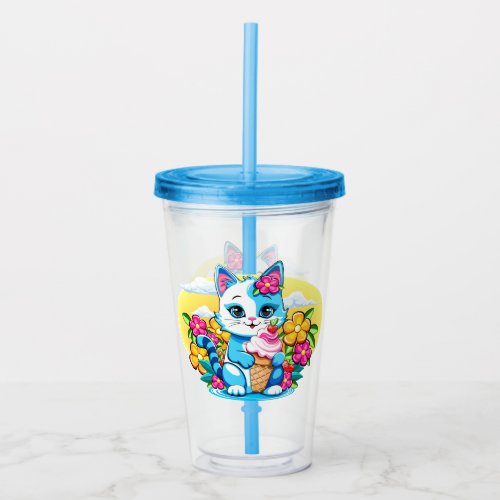 Kitty Cat with ice cream Summer Kawaii Character  Acrylic Tumbler