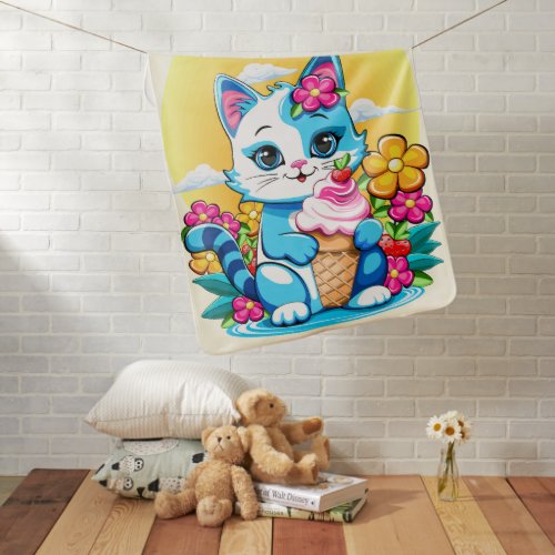Kitty Cat with ice cream Summer Kawaii Character  Baby Blanket