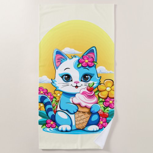 Kitty Cat with ice cream Summer Kawaii Character  Beach Towel