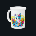 Kitty Cat with ice cream Summer Kawaii Character  Beverage Pitcher<br><div class="desc">Kitty Cat Cute and happy Summer Cartoon Character with ice cream flowers and Strawberries,  isolated on white background. Original and Unique Vector Graphic Art Illustration Copyright BluedarkArt TheChameleonArt.</div>