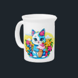Kitty Cat with ice cream Summer Kawaii Character  Beverage Pitcher<br><div class="desc">Kitty Cat Cute and happy Summer Cartoon Character with ice cream flowers and Strawberries,  isolated on white background. Original and Unique Vector Graphic Art Illustration Copyright BluedarkArt TheChameleonArt.</div>