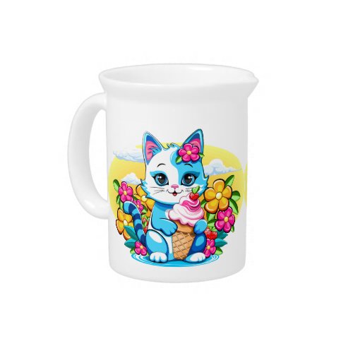 Kitty Cat with ice cream Summer Kawaii Character  Beverage Pitcher