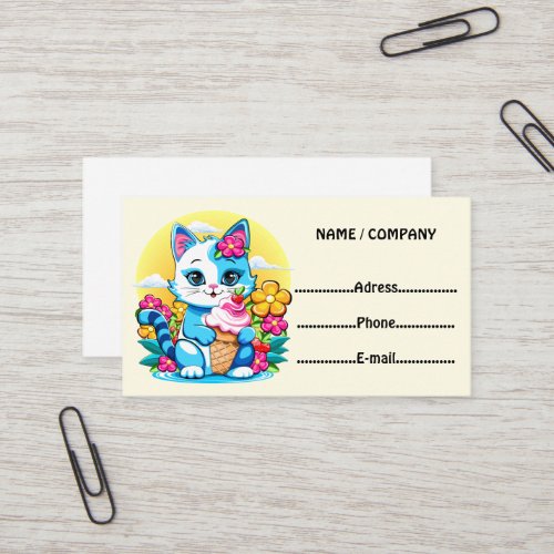 Kitty Cat with ice cream Summer Kawaii Character  Business Card