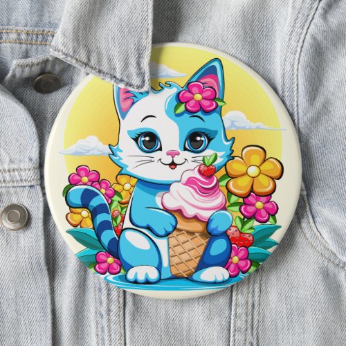 Kitty Cat with ice cream Summer Kawaii Character  Button