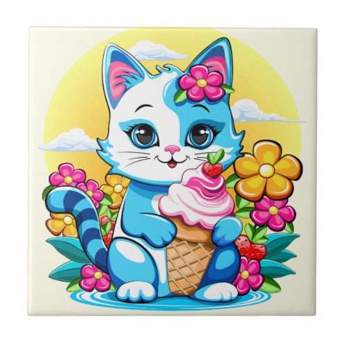 Kitty Cat with ice cream Summer Kawaii Character  Ceramic Tile