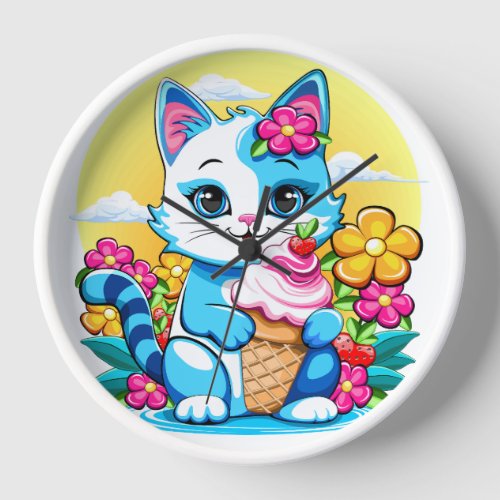 Kitty Cat with ice cream Summer Kawaii Character  Clock
