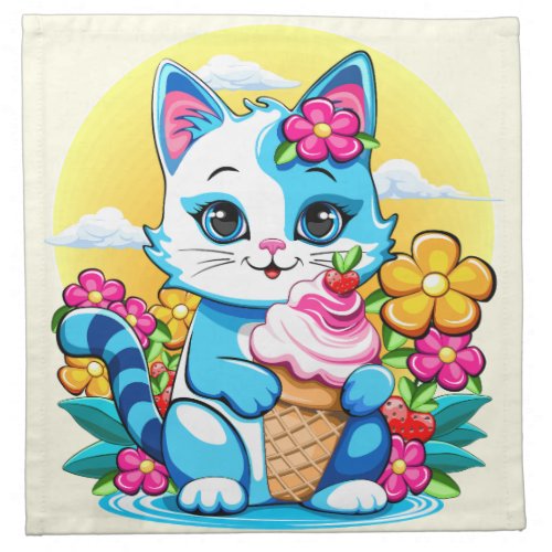 Kitty Cat with ice cream Summer Kawaii Character  Cloth Napkin
