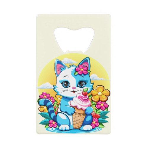 Kitty Cat with ice cream Summer Kawaii Character  Credit Card Bottle Opener