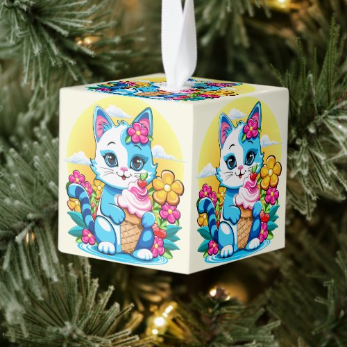 Kitty Cat with ice cream Summer Kawaii Character  Cube Ornament