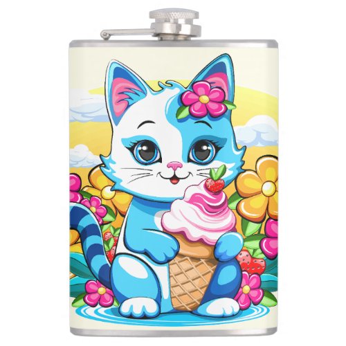 Kitty Cat with ice cream Summer Kawaii Character  Flask