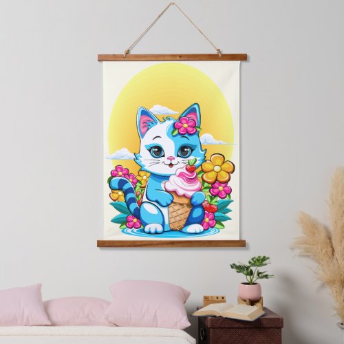 Kitty Cat with ice cream Summer Kawaii Character  Hanging Tapestry