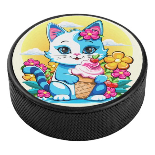 Kitty Cat with ice cream Summer Kawaii Character  Hockey Puck