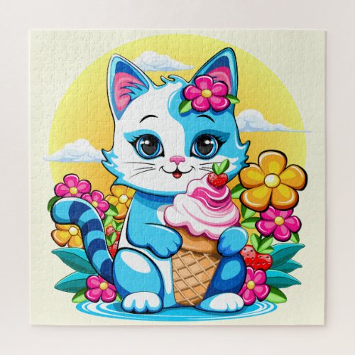 Kitty Cat with ice cream Summer Kawaii Character  Jigsaw Puzzle