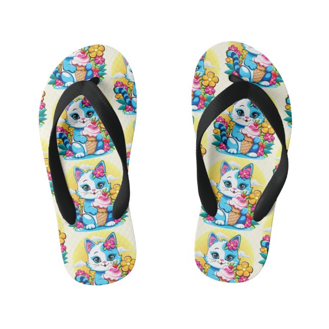 Kitty Cat with ice cream Summer Kawaii Character  Kid's Flip Flops (Footbed)