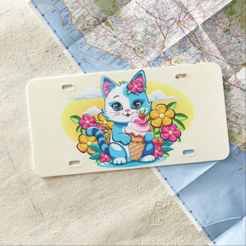 Kitty Cat with ice cream Summer Kawaii Character  License Plate
