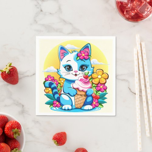 Kitty Cat with ice cream Summer Kawaii Character  Napkins