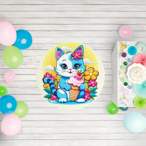 Kitty Cat with ice cream Summer Kawaii Character  Outdoor Rug