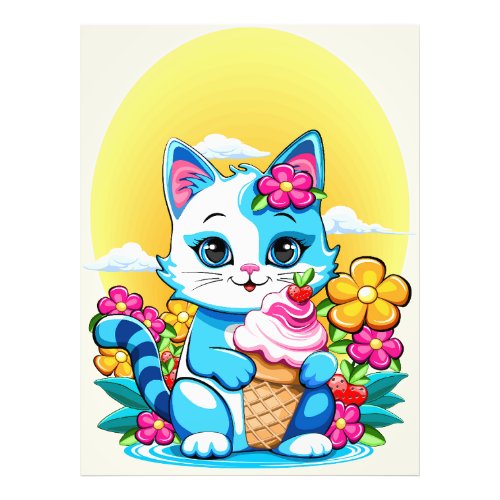 Kitty Cat with ice cream Summer Kawaii Character  Photo Print