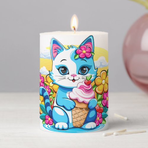 Kitty Cat with ice cream Summer Kawaii Character  Pillar Candle