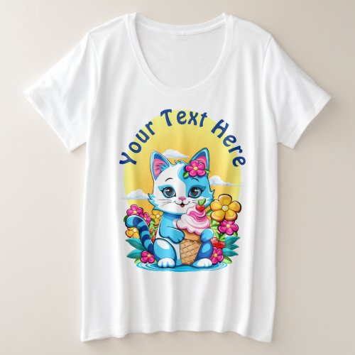 Kitty Cat with ice cream Summer Kawaii Character  Plus Size T_Shirt
