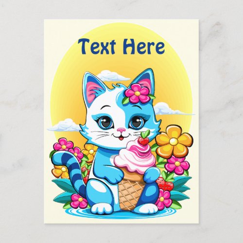 Kitty Cat with ice cream Summer Kawaii Character  Postcard