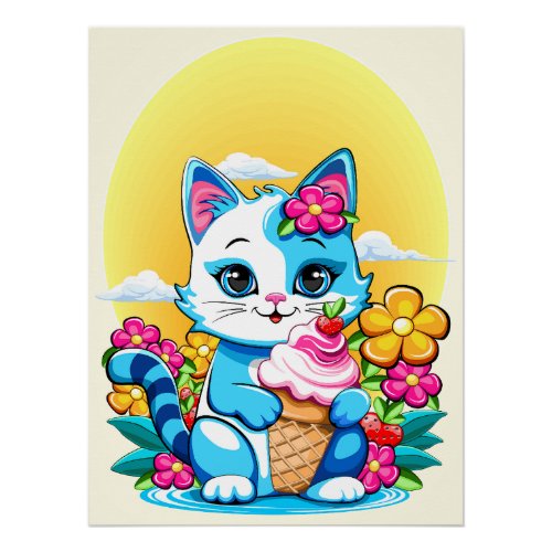 Kitty Cat with ice cream Summer Kawaii Character  Poster