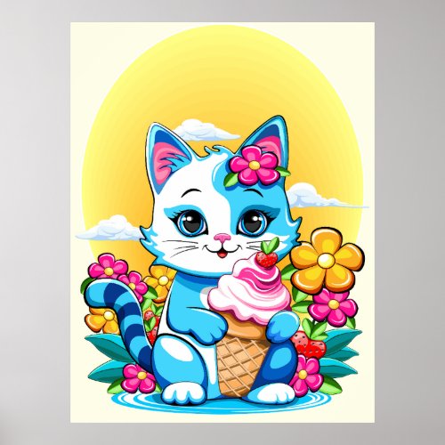 Kitty Cat with ice cream Summer Kawaii Character  Poster