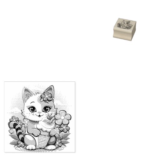 Kitty Cat with ice cream Summer Kawaii Character  Rubber Stamp