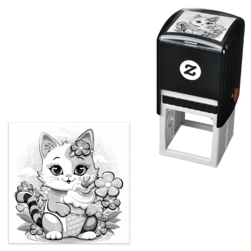 Kitty Cat with ice cream Summer Kawaii Character  Self_inking Stamp