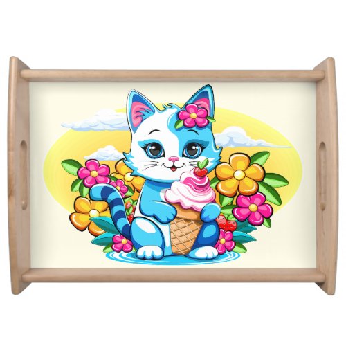 Kitty Cat with ice cream Summer Kawaii Character  Serving Tray