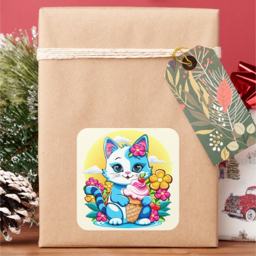Kitty Cat with ice cream Summer Kawaii Character  Square Sticker