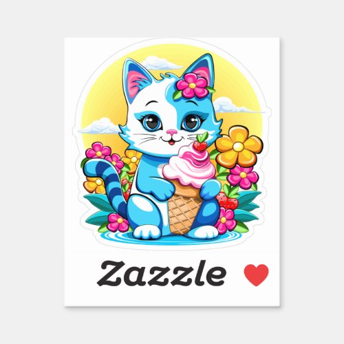 Kitty Cat with ice cream Summer Kawaii Character  Sticker
