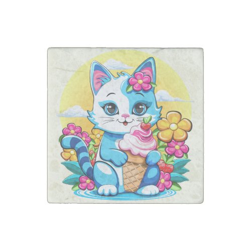 Kitty Cat with ice cream Summer Kawaii Character  Stone Magnet