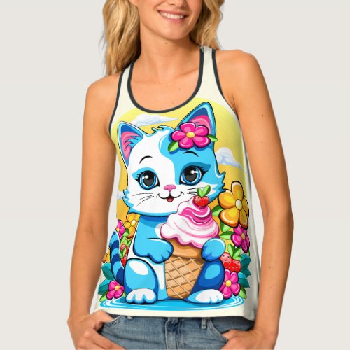 Kitty Cat with ice cream Summer Kawaii Character  Tank Top