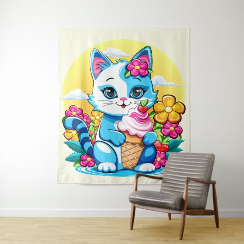 Kitty Cat with ice cream Summer Kawaii Character  Tapestry