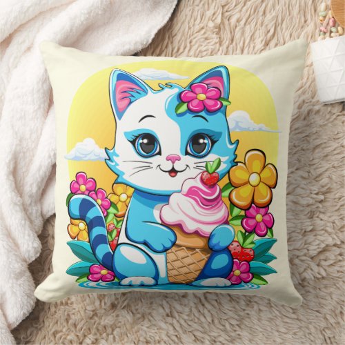 Kitty Cat with ice cream Summer Kawaii Character  Throw Pillow