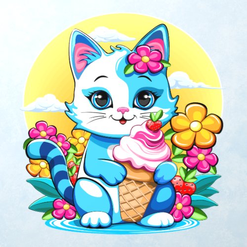 Kitty Cat with ice cream Summer Kawaii Character  Wall Decal